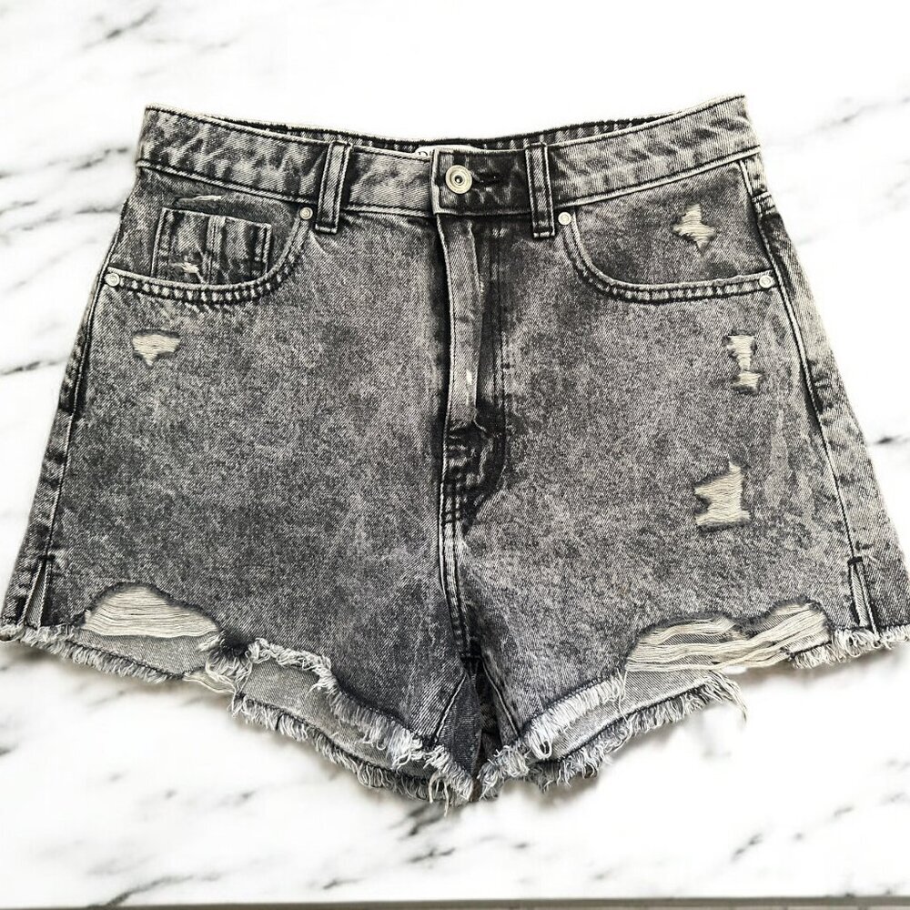ZARA Black Distressed Denim Jean Shorts Raw Fray Hem Size 6